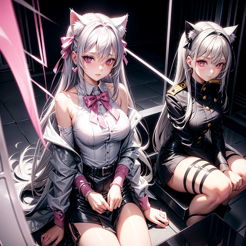 Silver hair, pink eyes, body, cat ears, sexy girl, earrings, pink background fantasy, long dress