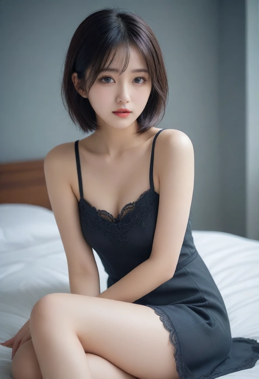 8k, Ultra-high resolution, Highest quality, masterpiece, Rule of thirds photograph,surreal, photograph, 1 Girl, (:1.3), pretty girl, Cute Face, Beautiful eyes in every detail, Detailed,masterpiece,One Girl:1.2, Japan Female Announcer, from below,sad,streaming tears,Black short hair,Messy hair,(black suit:1.3),mourning clothes,(Impressionist Portrait of a Beautiful Girl), (Gray background:1.3),(Impressionist light and colour),Realistic Skin, Perfect and beautiful face ,Perfect and cute face, Skin with attention to detail, Perfect limbs、Narrow waist,Looking at the audience、beauty,Long neck,clavicle,(((Ideal body type))), big pretty breasts :2,Portraiture:2,Perfect Anatomy,Vividly detailed,detailed,surreal,Light and shadow,spotlight, beautiful legs, exposed shoulders, exposed waist, exposed thighs, sexy cheongsam pajamas, on the bed, night, warm light