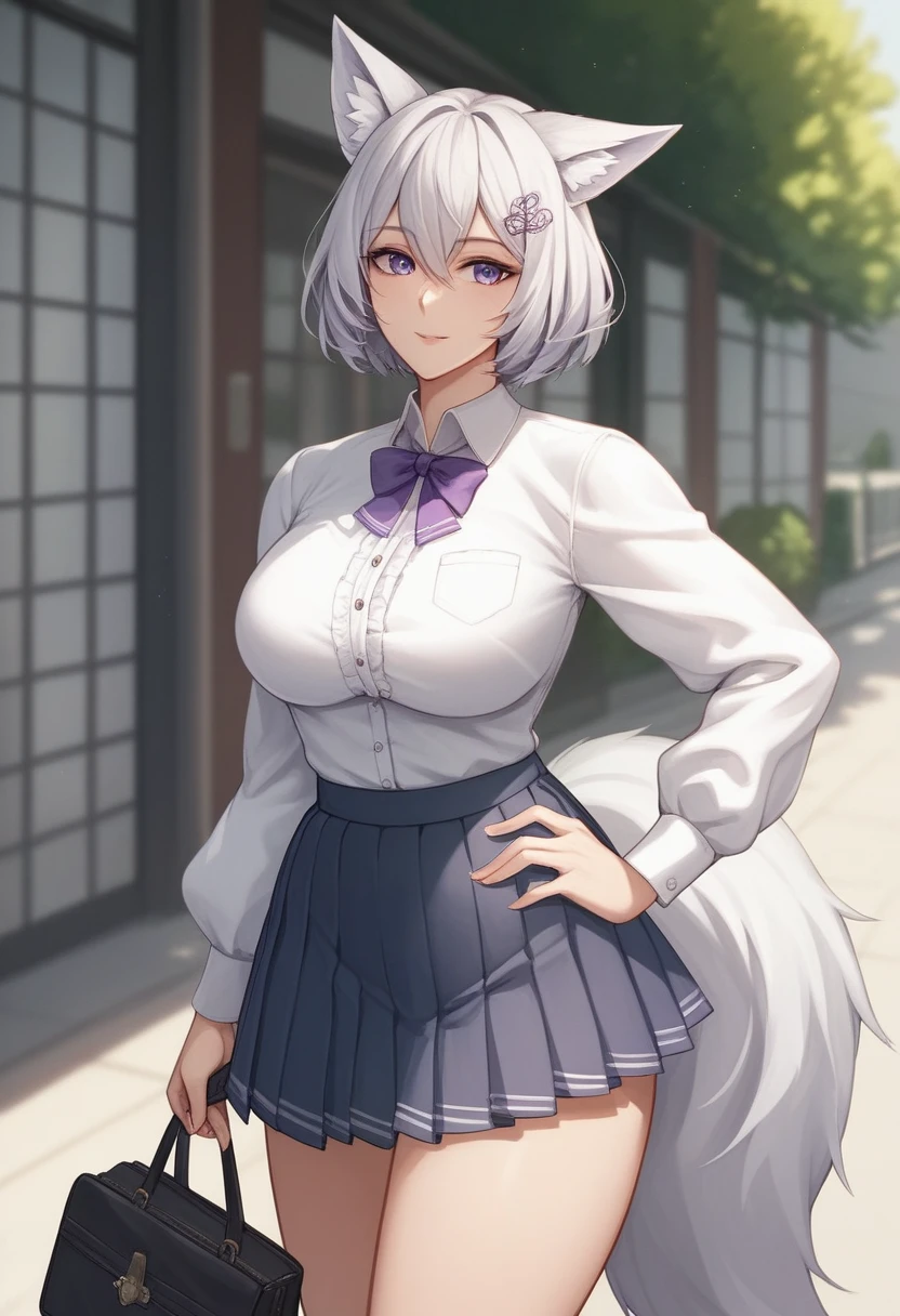 (masterpiece, best quality:1.2)((silver white hair))((violet eyes)),solo,1girl,((eyes tilted outwards)), ((close up photo)), mature_female, milf, animal_ears,averting_eyes,standing_fox_ears,fluffy_fox_tail,hair_between_eyes,basic_blue_hairpin,short_hair, bob_hair, casual_clothing, puffy_sleeves, wide_sleeves, girly_clothes, pleated_skirt
