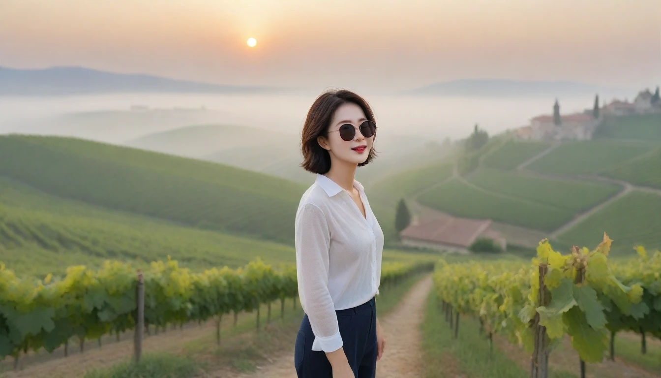 8k realistic, lifelike photo,, 36 year old Korean woman, Short in stature, pretty like a model. White shirt and short cardigan, casual pants, short medium hair, Smiley, Italy. vineyard, thick dawn fog. vineyard 멀리 짙은 안개 속으로 성당이 보인다. 1 woman, Short in stature, Excellent picture quality, The morning fog is thick, The picture quality is alive. Looking up the side, sunrise red light, Wide angle lens full body shot, A monastery can be seen in the distance, walking up the hill. Smiley, horn-rimmed sunglasses