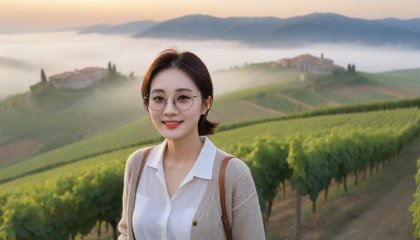 8k realistic, lifelike photo,, 36 year old Korean woman, Short in stature, pretty like a model. White shirt and short cardigan, casual pants, short medium hair, Smiley, Italy. vineyard, thick dawn fog. vineyard 멀리 짙은 안개 속으로 성당이 보인다. 1 woman, Short in stature, Excellent picture quality, The morning fog is thick, The picture quality is alive. Looking up the side, sunrise red light, Wide angle lens full body shot, A monastery can be seen in the distance, walking up the hill. Smiley, horn-rimmed sunglasses