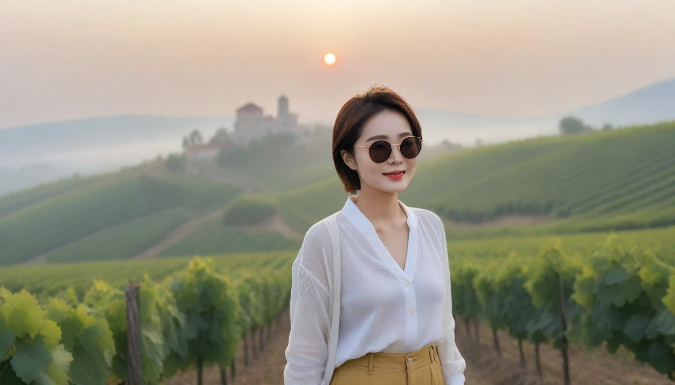 8k realistic, lifelike photo,, 36 year old Korean woman, Short in stature, pretty like a model. White shirt and short cardigan, casual pants, short medium hair, Smiley, Italy. vineyard, thick dawn fog. vineyard 멀리 짙은 안개 속으로 성당이 보인다. 1 woman, Short in stature, Excellent picture quality, The morning fog is thick, The picture quality is alive. Looking up the side, sunrise red light, Wide angle lens full body shot, A monastery can be seen in the distance, walking up the hill. Smiley, horn-rimmed sunglasses