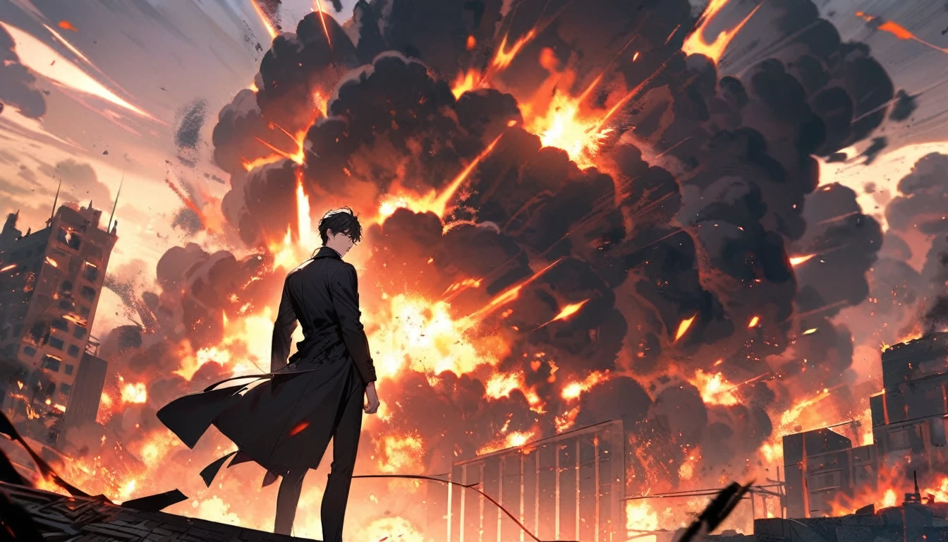 Lucifer with torn black wings and a sorrowful expression, standing in the middle of a desolate battlefield. His long black hair flows in the wind, and his eyes glow red with sadness. The background is filled with dark clouds and broken weapons scattered across the ground. The camera angle is a wide shot from behind, emphasizing the vast emptiness and desolation around him.
