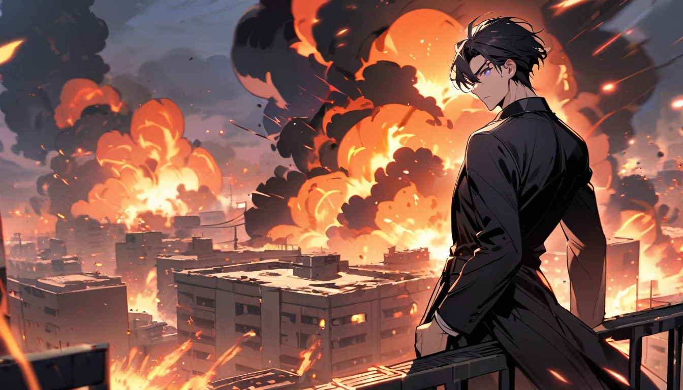 handsome, alone, 1 man, short hair, black hair, purple eyes, black shirt, black coat, Lots of power, Lots of explosions, standing on the building