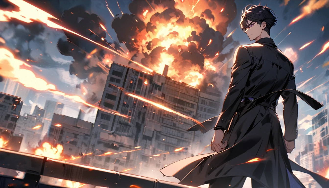 handsome, alone, 1 man, short hair, black hair, purple eyes, black shirt, black coat, Lots of power, Lots of explosions, standing on the building