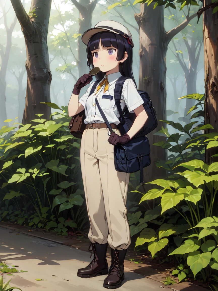 (masterpiece, Highest quality), (ruri gokou), blush, Black Hair, Mole, Mole under eye, One Girl, Long Hair, Hime cut, Jungle exploration, flashlight, telescope, Food Bag, Ruck sack, rope,
(Utility Vest), (Safari Hat), Hiking boots, Durable gloves. Long trousers,
Explorer Standing Still, (Deep in the jungle), Giant Tree々, Ivy gets tangled
,Green and brown contrast, Sunlight shines in, foggy background. full body