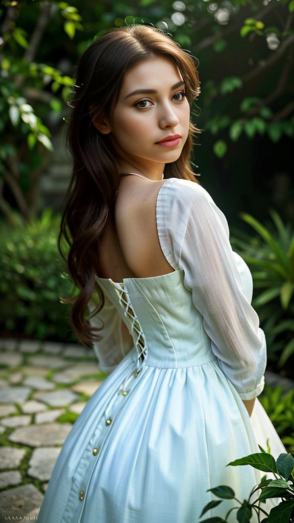 a girl in a garden, 1girl, beautiful detailed eyes, beautiful detailed lips, extremely detailed eyes and face, long eyelashes, elegant dress, white dress, soft lighting, warm lighting, low key lighting, chiaroscuro lighting, dramatic lighting, backlit, side lit, front lit, cinematic lighting, photorealistic, high quality, masterpiece, ultra-detailed, hyperrealistic, vibrant colors, detailed coloring, intricate details, lifelike, sharp focus, volumetric lighting, atmospheric lighting, natural lighting, glowing skin, flawless skin, porcelain skin, realistic hair, flowing hair, beautiful hair, gorgeous, serene, elegant, graceful, peaceful, tranquil, contemplative, pensive, dreamy, soft focus, depth of field, cinematic composition, dramatic composition, intricate background, lush foliage, vibrant flowers, picturesque garden, magical realism, surreal, atmospheric, ethereal, fantastical, full body photo, no footwear, little black hair, little smile.