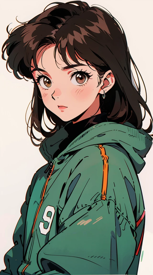 Best image quality, 90s style anime, 21 year old girl, Brown Hair, Long Hair, No bangs、Light brown eyes, Wearing a loose parka, 90s fashion, White Background