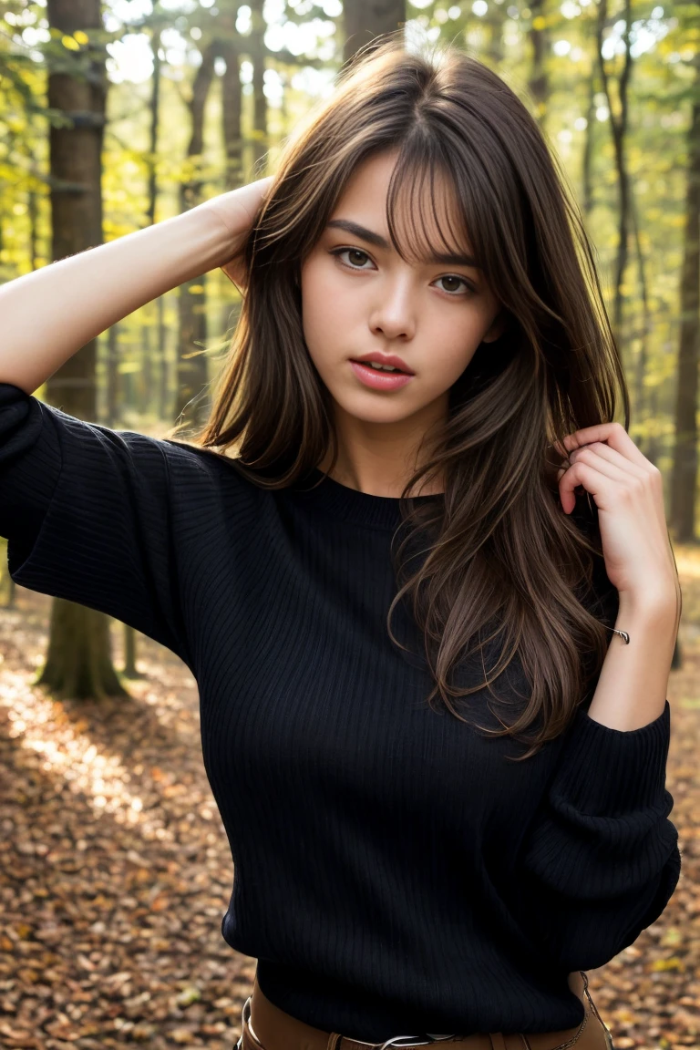 (bestquality,realistic:1.2),(brunette hair:1.1),(French:1.1),(sexy:1.1),(slim figure:1.1),(18 years old:1.1),(handcuffed:1.1),(black short sleeve sweater:1.1),(rolled-up sleeves:1.1),(hands up:1.1),(visible legs:1.1),(open mouth:1.1),illustration,forest,detailed eyes,detailed lips,high definition,professional lighting,vivid color