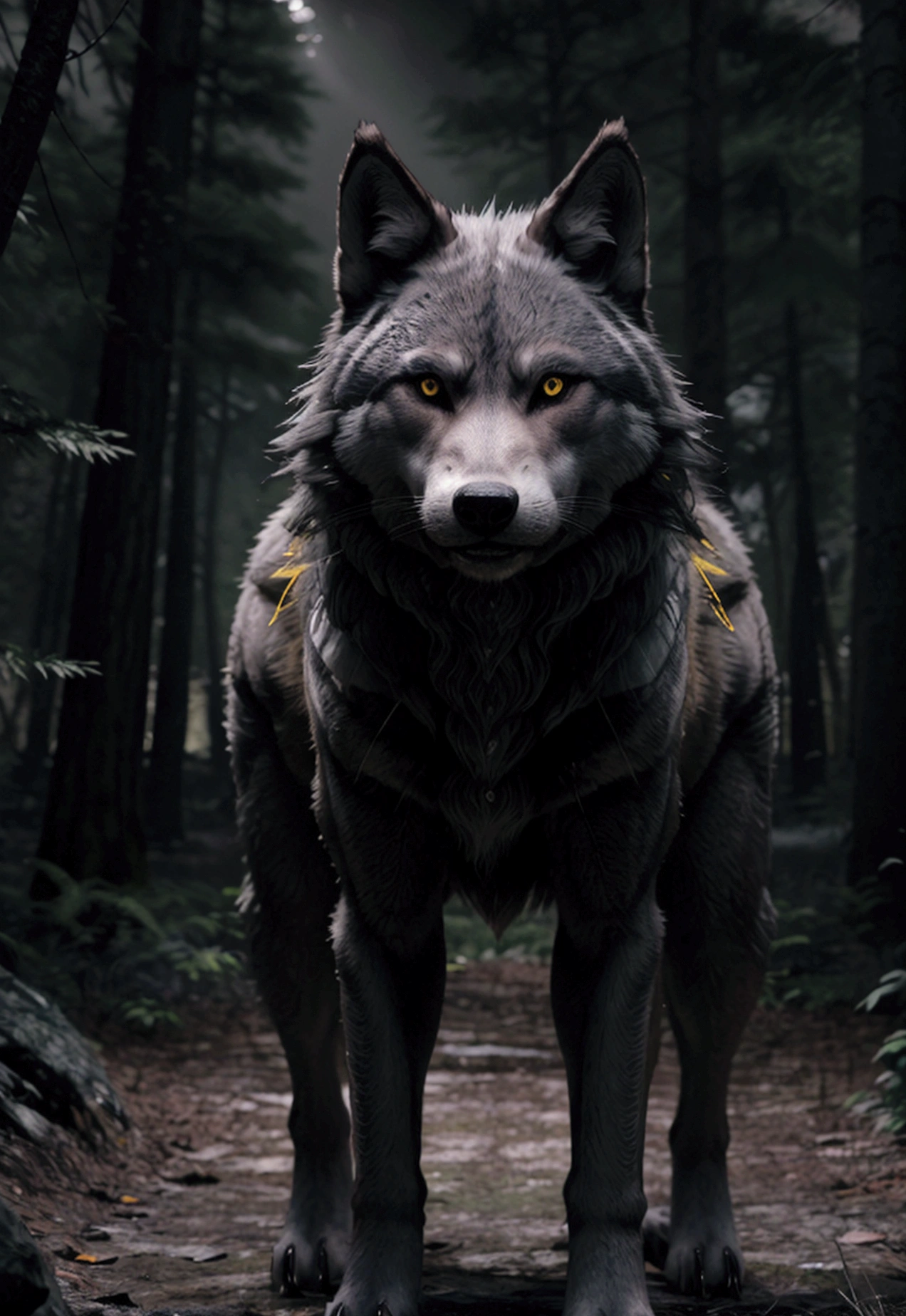 a ferocious wolf with piercing yellow eyes, thick grey fur, sharp fangs and claws, standing in a dark and mysterious japanese forest, ultra-detailed, realistic, hyperrealistic, award winning, 8k, octane render, cinematic lighting, dramatic shadows, moody atmosphere, highly detailed texture, mesmerizing, breathtaking