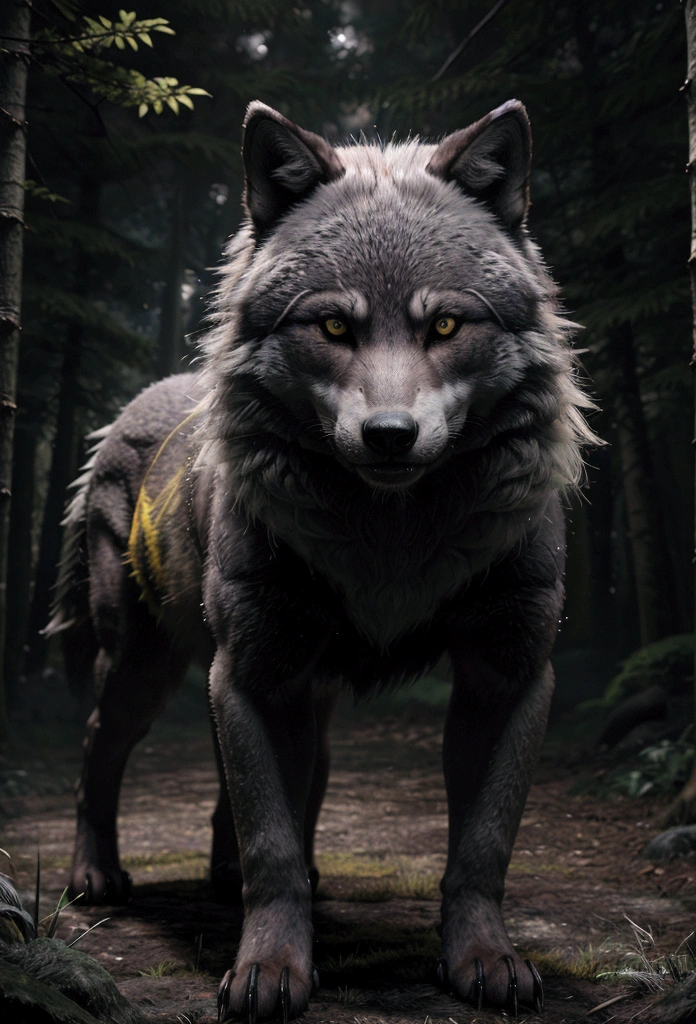a ferocious wolf with piercing yellow eyes, thick grey fur, sharp fangs and claws, standing in a dark and mysterious japanese forest, ultra-detailed, realistic, hyperrealistic, award winning, 8k, octane render, cinematic lighting, dramatic shadows, moody atmosphere, highly detailed texture, mesmerizing, breathtaking