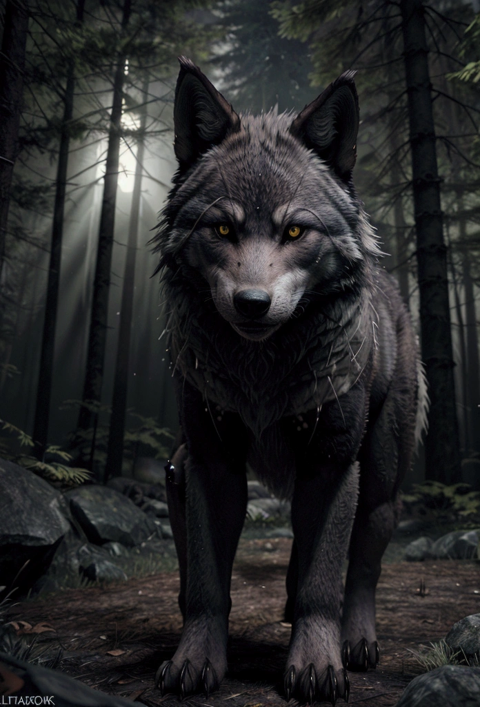 a ferocious wolf with piercing yellow eyes, thick grey fur, sharp fangs and claws, standing in a dark and mysterious japanese forest, ultra-detailed, realistic, hyperrealistic, award winning, 8k, octane render, cinematic lighting, dramatic shadows, moody atmosphere, highly detailed texture, mesmerizing, breathtaking