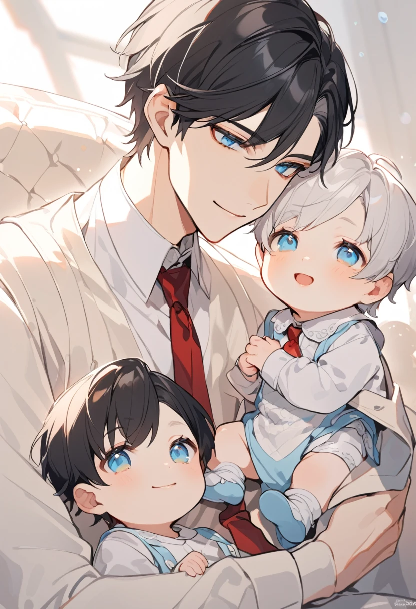 alone, elegant, 1 boy with black hair and white hair., half and half, short hair, blue eyes, detailed, White shirt, Red tie, 1little baby, Adle baby, baby ces, baith black hairblings, smile, ojos detaileds, gentle