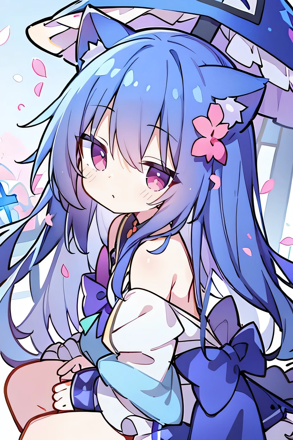 （masterpiece：1.2），Super detailed，lifelike，Expressive eyes，fair skin，perfect face shape，1 girl，
Japanese comics,Gorgeous blue hair,flowing blue hair,flowing clothes,Cat ears,Petals fall,beautiful lola,Baby Angel,
Shaking head with one hand，Cross your legs，，The pavilion is cool and comfortable,smile,back views,sunrise,Petals fall
