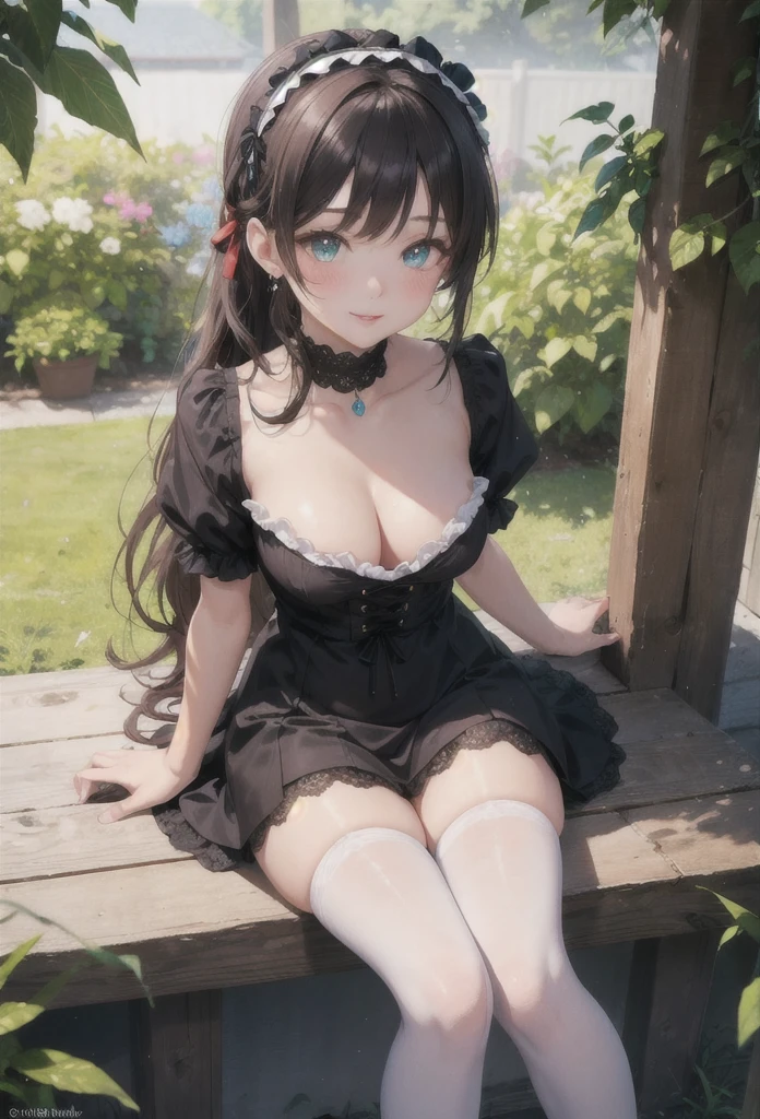 A beautiful girl in a black dress sitting on a wooden platform, anime girl, rose garden, beautiful and sunny day, black lolita dress with lots of ruffles, floral print dress, short sleeve, lolita choker, low-cut chest, big round breasts, white lace thigh-high stockings, black lolita shoes, dark brown hair, gradient bangs, french braid, long hair, ponytail, wavy hair, swept bangs, shiny hair, hairclip, hair ribbon, hair flower, jewelry, lolita hairband, aqua eyes, glowing eyes, pupils sparkling, earrings, light smile, blush, happy, red lips, slim waist, shapely legs, beautiful thighs, princess dress, short skirt, high detail, anime, dithering, image fill, perspective, Wide-Angle, f/1.8, 85mm, Sony FE GM, 8k, 8k wallpaper, super detail, highly detailed CG, UHD, retina, masterpiece, accurate, anatomically correct, textured skin, highres, best quality:1.3, 16k