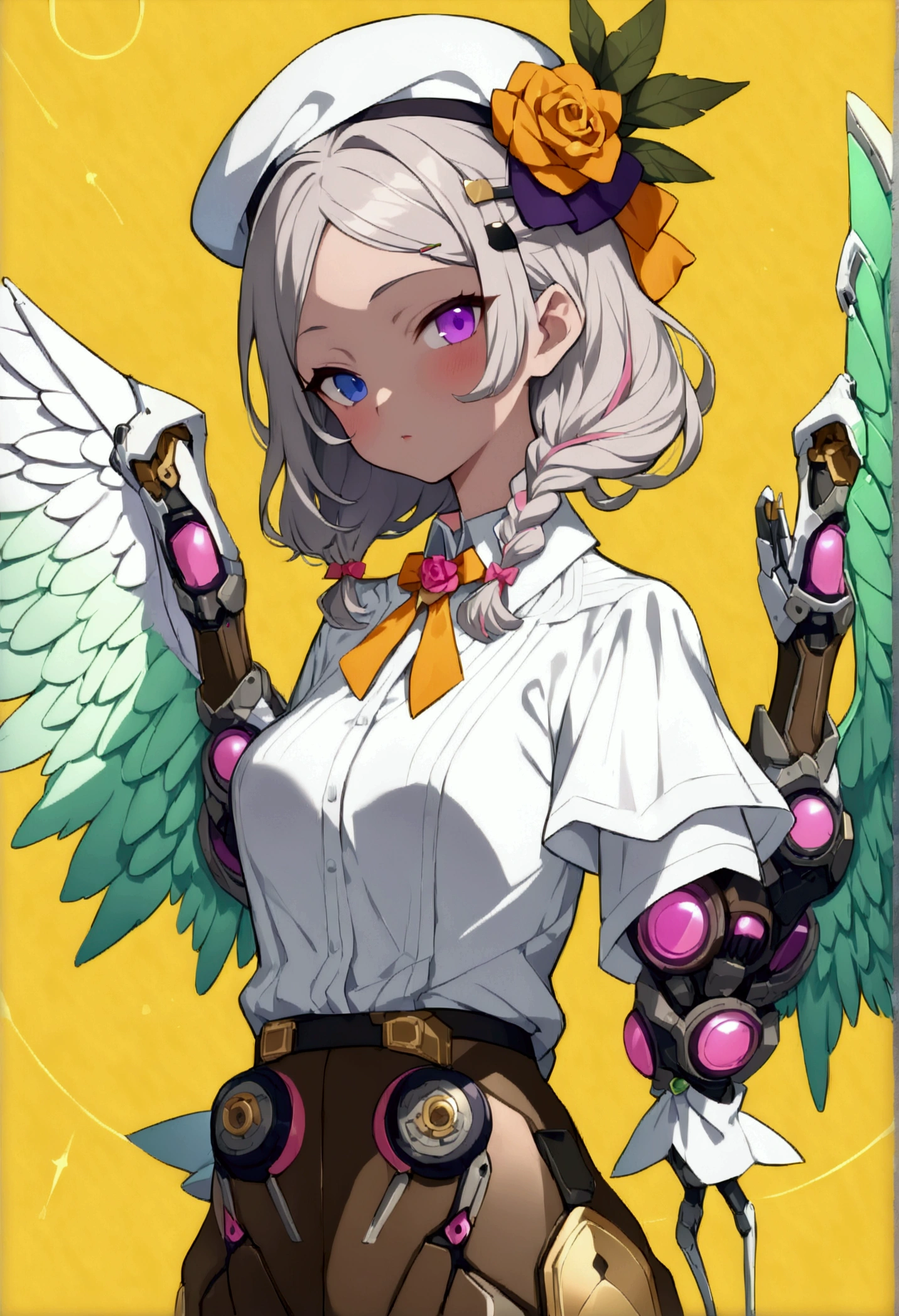 woman 165cm tall, slim build, , charming look, ((heterocromia: look like, right naranja y look like izquierdo violeta)), (Shoulder Length Wavy Gray Hair, a short braid on the left side of the hair, big open bangs, golden gear hairpin on the left side of the hair), (((complex mechanical legs up to the hip, The legs are black with gray parts with small pink details))), (((complex mechanical arms up to the elbows, The arms are black with gray parts with small pink details))), ((complex white mechanical angel wings with pastel green parts)), (elegant black French beret with an orange rose ribbon), (stylish white short sleeve button down shirt, dark brown shorts from the waist, elegant black belt, small rose brooch on shirt collar, beautiful mechanical stilettos), (((character design sheet: Front view))), ((Pastel yellow background)), extremely detailed beautiful hair, beautiful detailed clothing, extremely detailed arms, extremely detailed face, (Extremely detailed hands), perfect hands, small face, hermosos look likes detallados, beautiful detailed lips, adorable, extremely detailed legs, (Best Quality, 8k, ultra resolution), ultra detailed, Exquisite and epic character art, (Focus on symmetry), (extremely detailed wings), (body position: standing, right, symmetrical), looking at the viewer, (whole body).