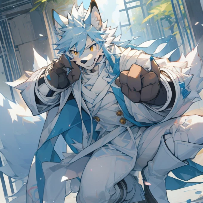 White hair,A little pink,Nine-tailed Fox Beastman,Light Blue and Lilac Hair,White Robe,White gauze outer layer,male,Nineteen ,Wearing finger gloves,Black boots,About 180,Nobleman。
