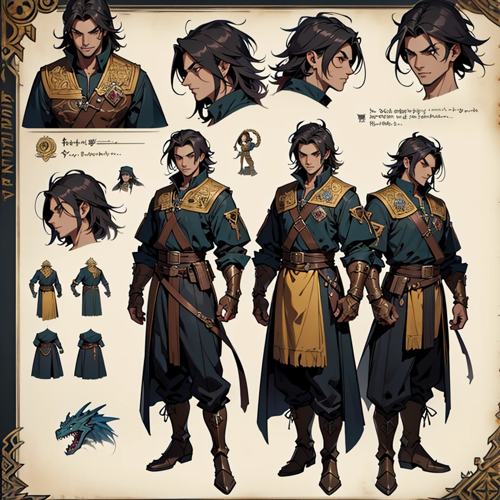 Close-up of a man in a Barbarian costume, ((character concept art)), ((Character design sheet, same character, on front, from on the side, At the back)) Character image, Medieval game character design, Medieval game character design, hair color: Black with gold parting, Age: Old, eyecolor: Black, He wears gloves on his hands, Wears  boots. During the use of certain abilities, A helmet is formed on the head of a dragon. He has a code name around his neck, expert high detail concept art, Concept art of a metal bullet, Fun character design. ConceptArt, belt buckle at the waist,Medieval style weapons,A