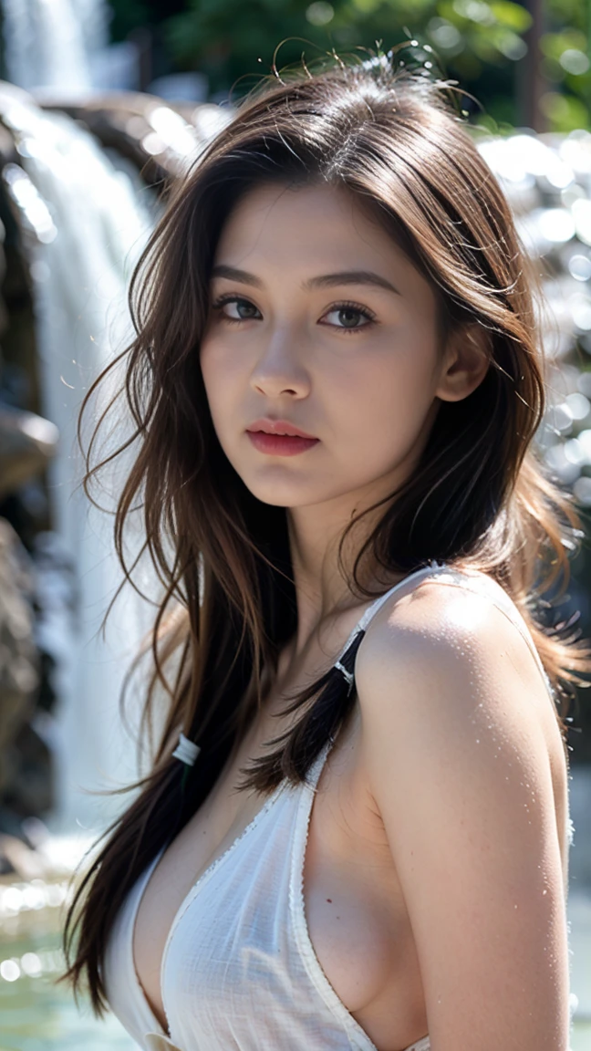 8k, masterpiece, RAW photo, best quality, photorealistic, extremely detailed CG unity 8k wallpaper, Depth of field, Cinematic Light, Lens Flare, Ray tracing, (extremely beautiful face, beautiful lips, beautiful eyes), intricate detail face, ((ultra detailed skin)) 1girl (highest resolution, distinct_image) best quality, 1girl, Tokyo street,night, cityscape,city lights, upper body, cleavage 8k, RAW photo, best quality, masterpiece,realistic, photo-realistic, (8k, RAW photo, best quality, masterpiece:1.2), High detail RAW color photo, professional photograph, (realistic, photo realistic:1.37), cinematic light, 1girl, Symmetrical, High Detail RAW Color Photo Professional Photo, [:( High Detail Face: 1.2): 0.1], (lora:PJ DH), Double braids, pores, real skin, breast focus, straight up, an  woman under a waterfall, body in contact with water and ripples around, clear clean water, shining eyes, looking at the audience, wet clothes, transparent clothes, wet body, wet hair, Tyndall effect, lens flare, shadow,, bloom, natural lighting, hard focus, film grain, photographed with a Sony a9 II Mirrorless Camera, by Laurence Demaison, gaze looking beyond,red blush,Strong sunshine,delicate and messy hair,realistic skin textures, Pronounced pores and skin wrinkles,tropical rainforest,((strong light shines on the face)), The upper part of the body, naked portrait, nude photography, detailed armpit, pussy pubic hair, shiny nipple, short hair