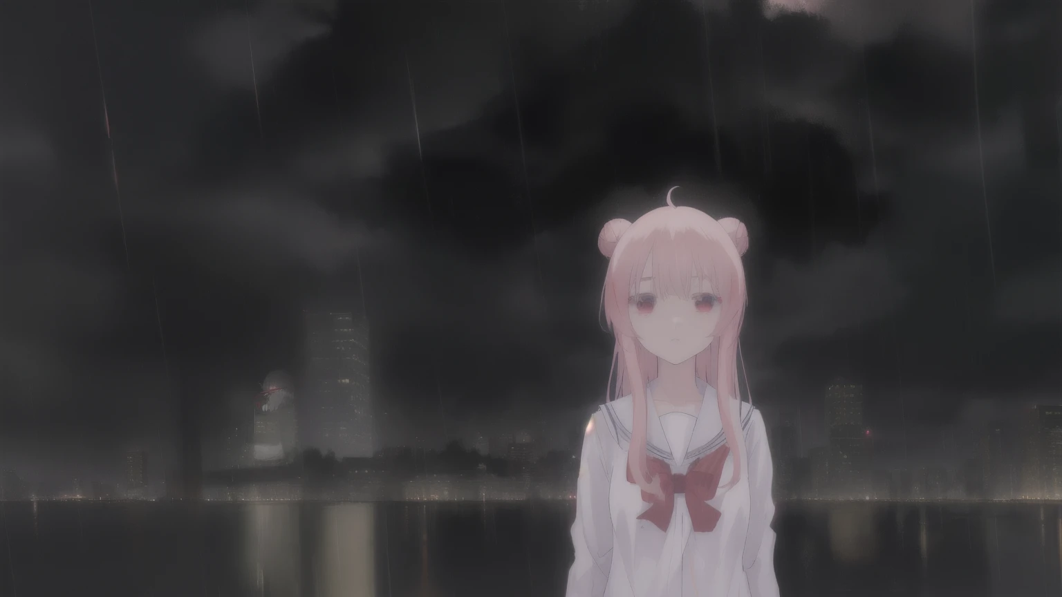 masterpiece, best quality, city background, rainy, 1girl, solo, upper body, bow, serafuku, satou, emotionless, expressionless, anime wallpaper 4k, detailed background, detailed hair