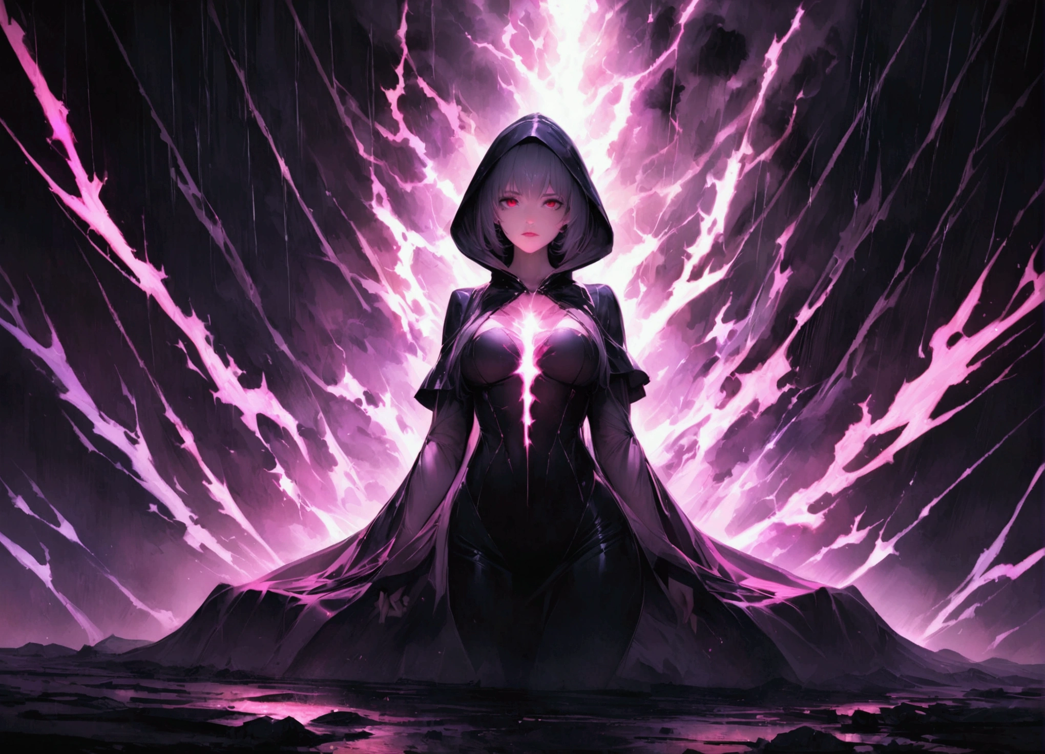 masterpiece, witch, The body is attractive、, Wearing a hood, In the Shadows, , The colours of Positano, Completely in frame, whole body, Releases electrical energy, whole body, Beautiful anime waifu style man, Ultra-Definition CG Painting, Luminism, art：Karn Griffiths、ヴァディム・カシン コンセプトart, 8k resolution, Fractal isometric detail bioluminescence , complicatedly detailed , Cinematic, trending on art station Isometric Centered hyper Realistic cover photo awesome full color,  granular, Realistic, complicated, Hit definition , Cinematic, bold, Vibrant, wonderful, Super high quality model、Being pelted with rain in the dark、Lightning Control、Red eyes