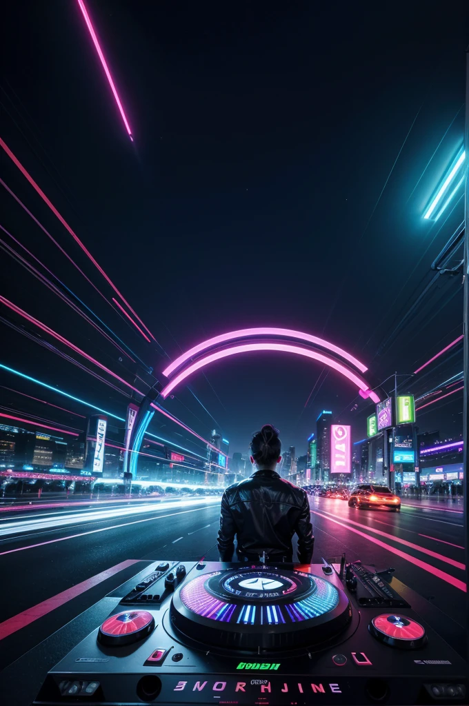 /imagine prompt: A hyper-realistic album cover for an electronic music CD, depicting a vibrant, futuristic cityscape at night with neon lights reflecting off sleek skyscrapers and busy streets. In the foreground, a DJ with headphones and a focused expression is performing on advanced turntables with holographic displays. The scene is filled with dynamic energy, laser lights cutting through the night sky, and a crowd of enthusiastic fans. The overall aesthetic should be ultra-modern and immersive, capturing the high energy and excitement of electronic dance music. Include the title "Electro Vibes" and artist name "DJ Pulse" in stylish, glowing typography.