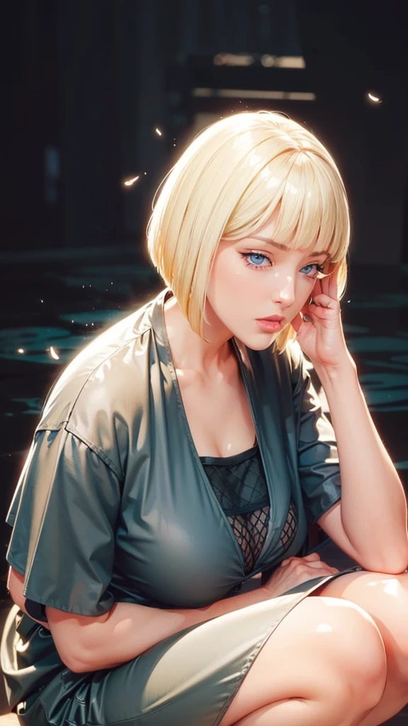 (（（Perfect body,White and tender skin,（（（BLACK KIMONO, CLEAVAGE, VAMBRACES,）））,（（（Samui, Blue eyes, blonde hair, short hair, bangs, blunt bangs,）））,((masterpiece)),high resolution, ((Best quality at best)),masterpiece,quality,Best quality,（（（ Exquisite facial features,Looking at the audience,There is light in the eyes,Poker face）））,Squatting，From below）））,（（（Light and shadow,Huge breasts，）））,（（（Looking at the camera,black background,)））),