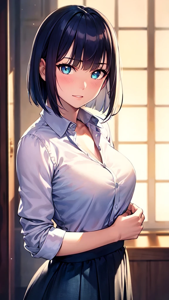 {akane kurokawa:1.5}, {oshinoko}, (8k), ((Best Quality)), (Ultra-Detailed), High Resolution, Extremely Details CG, ((Photorealistic:1.2)), official art, by famous artist, perfect hands, perfect anatomy, super detailed skin, Beautifully Detailed Eyes, Beautifully Detailed Skin, Beautifully Detailed Hand, Beautifully Detailed Fingers, Beautifully Detailed Lip, Shiny Skin, Shiny Skin, Glossy Skin, PUPILS SPARKLING, Moody Lighting, Film Reflection, Deep Rendering, beautiful countenance, 1 girl in, 独奏, 25 years old, blue hair, Bob cut with even ends, Big, round eyes, Calm face, green-blue eyes, wince, (blush), (Yandere Women), room, ((night)), Ruffled shirt, skirt, Cowboy Shot,