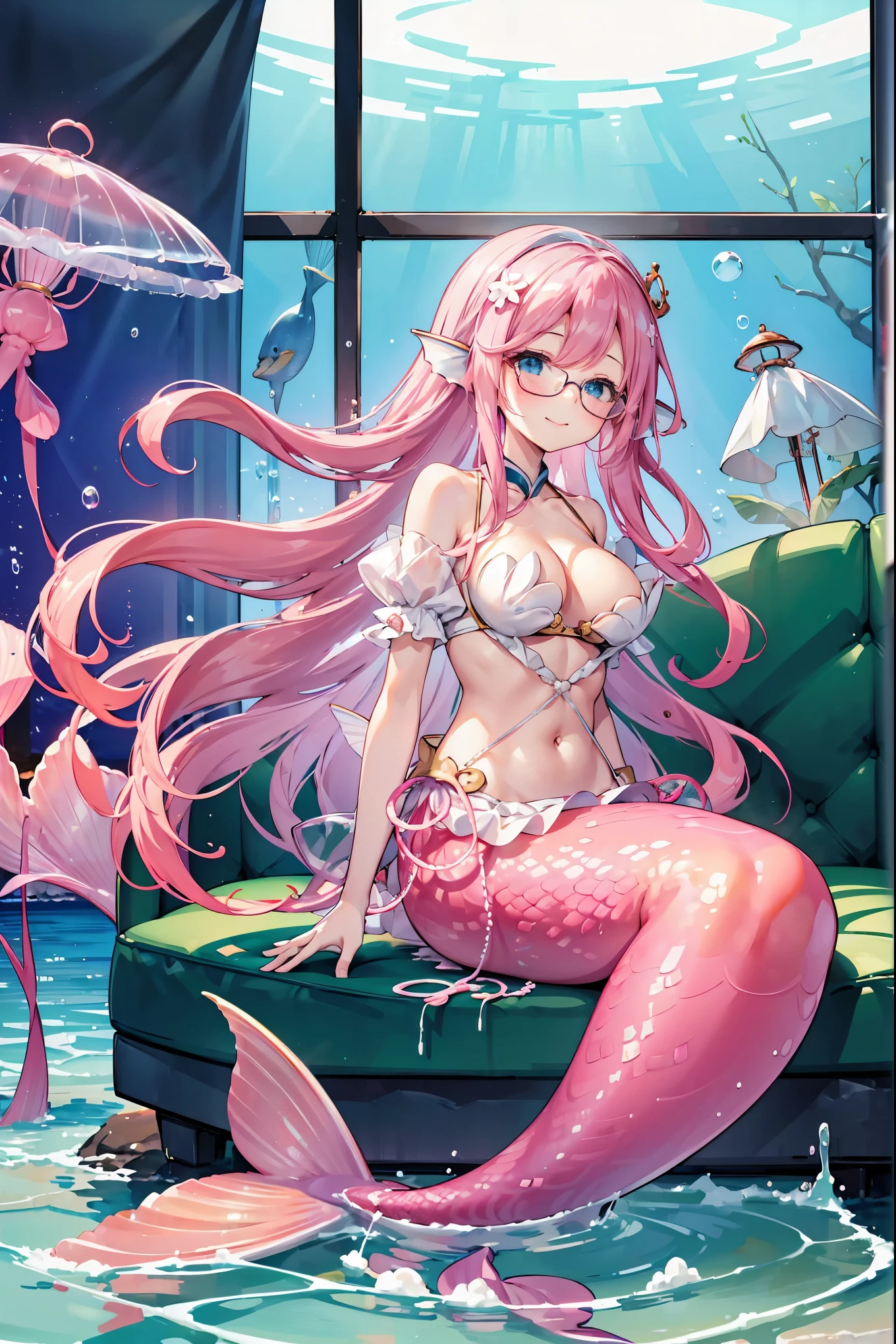 masterpiece, best quality,A girl,Pink hair,White Dress,blue eyes,Head fin,Glasses,独奏,Large Breasts,Mermaid,粉色的Mermaid尾巴,full-body shot,transportation facilities_against_window,Pink Theme, (in water:1.2), (air bubble:1.3), Inside the train, (surreal:1.2), (jellyfish:1.2), (whale:1.1),(fish:1.2),blurred foreground,charming face(Kawaii, charming,Soft),Looking at the audience,Smile,Sitting