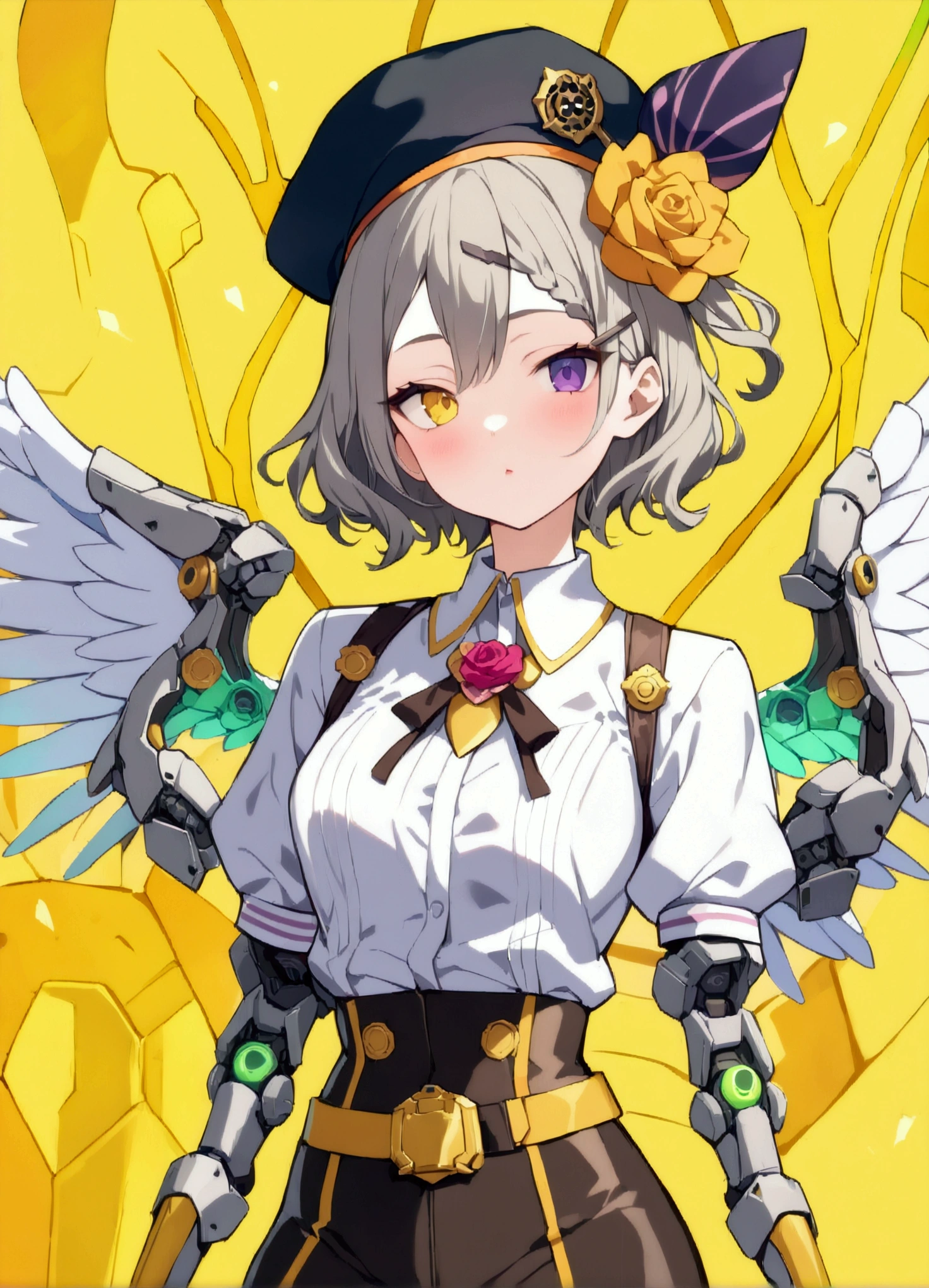 woman 165cm tall, slim build, , charming look, ((heterocromia: look like, right naranja y look like izquierdo violeta)), (Shoulder Length Wavy Gray Hair, a short braid on the left side of the hair, big open bangs, golden gear hairpin on the left side of the hair), (((complex mechanical legs up to the hip, The legs are black with gray parts with small pink details))), (((complex mechanical arms up to the elbows, The arms are black with gray parts with small pink details))), ((complex white mechanical angel wings with pastel green parts)), (elegant black French beret with an orange rose ribbon), (stylish white short sleeve button down shirt, dark brown shorts from the waist, elegant black belt, small rose brooch on shirt collar, beautiful mechanical stilettos), (((character design sheet: Front view))), ((Pastel yellow background)), extremely detailed beautiful hair, beautiful detailed clothing, extremely detailed arms, extremely detailed face, (Extremely detailed hands), perfect hands, small face, hermosos look likes detallados, beautiful detailed lips, adorable, extremely detailed legs, (Best Quality, 8k, ultra resolution), ultra detailed, Exquisite and epic character art, (Focus on symmetry), (extremely detailed wings), (body position: standing, right, symmetrical), looking at the viewer, (whole body).