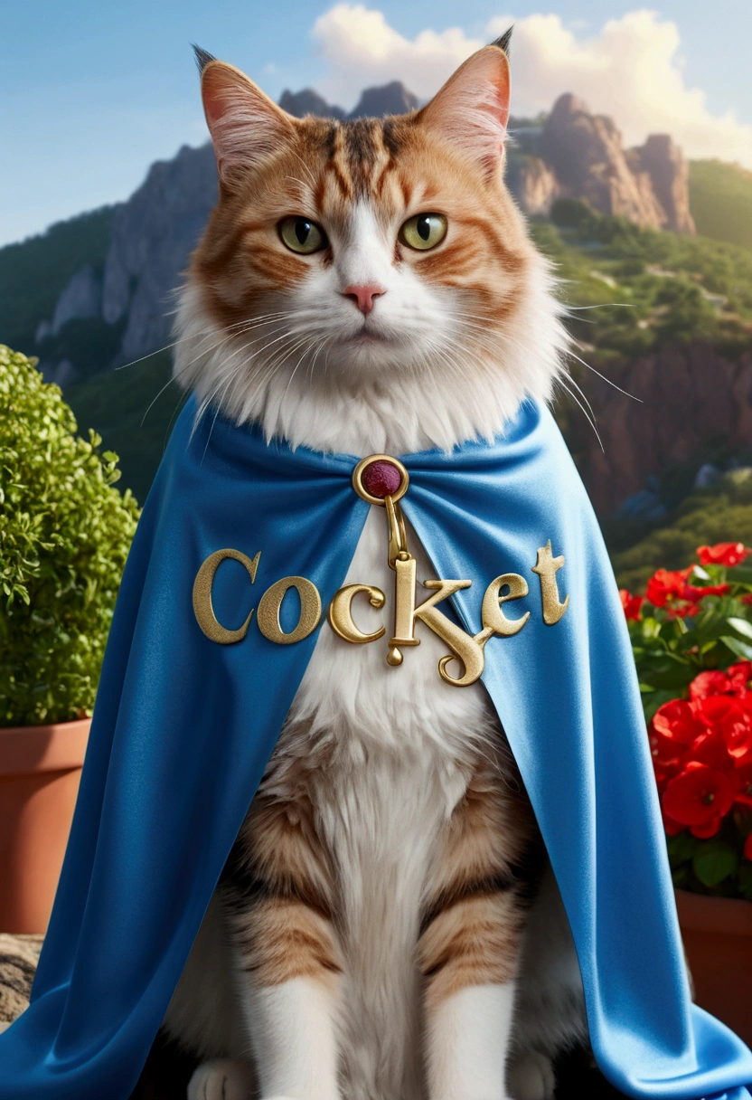 (best quality,4K,8k,A high resolution,master part:1.2),ultra detail,(Realistic,photorrealistic,photo-realistic:1.37),a cat wearing cape, written "Ocksyi" on the cape, (written "Ocksyi" on the cape). mountain garden background