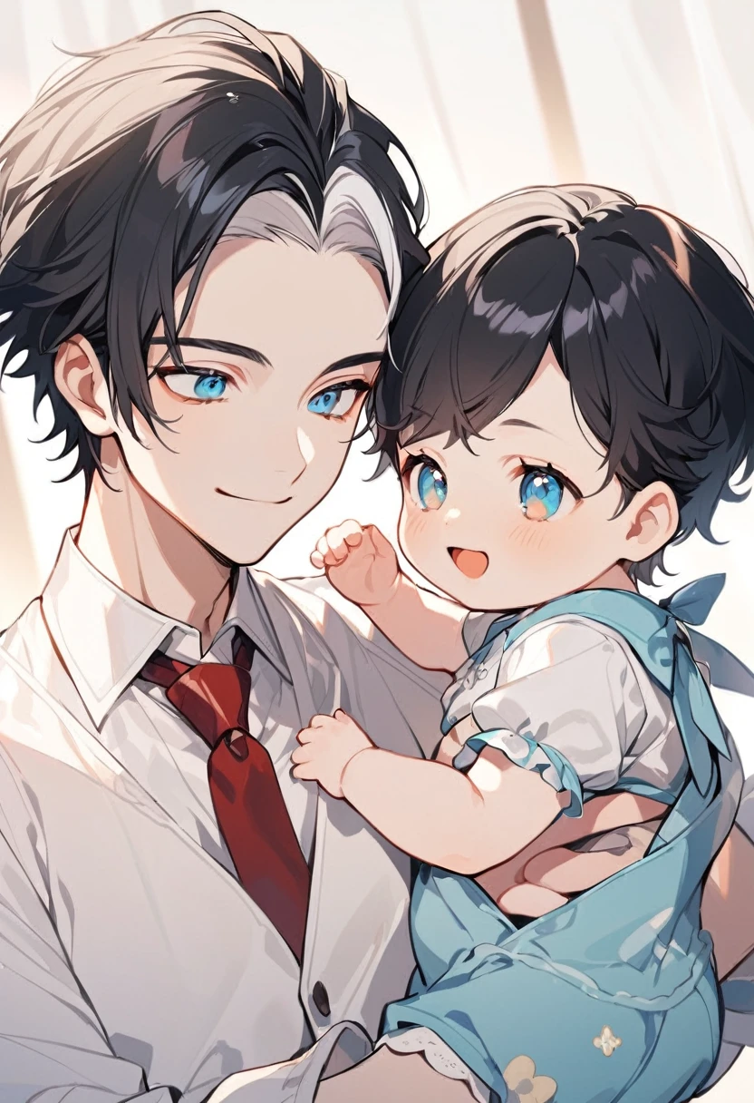 alone, elegant, 1 teenager boy with black hair and white hair., half and half, short hair, blue eyes, detailed, White shirt, Red tie,  1 little baby, Adorable baby, baby clothes, baby with black hair, Siblings, smile, ojos detaileds, gentle