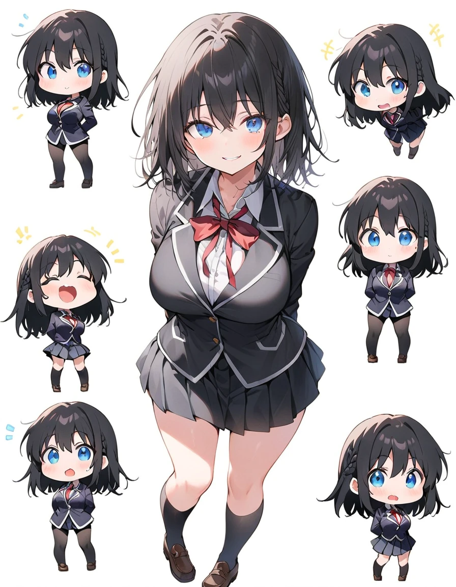 White Background、White background、Blank Background、Just standing girl, One Girl、コミカルなMedaka、Medaka、Ultra-high resolution, Highest quality,Fishbone Braid Hachebone Hair、Black Hair、Full Body Shot,Put your arms behind your back、Put your hands behind your back、Hide your hands、Big Breasts、Beautiful attention to detail、Black Hair × blue eyes、blue eyes、open your mouth without showing your teeth、Laugh with your mouth wide open、 black long sleeve blazer,Black pleated skirt、Knee-high socks、loafers、