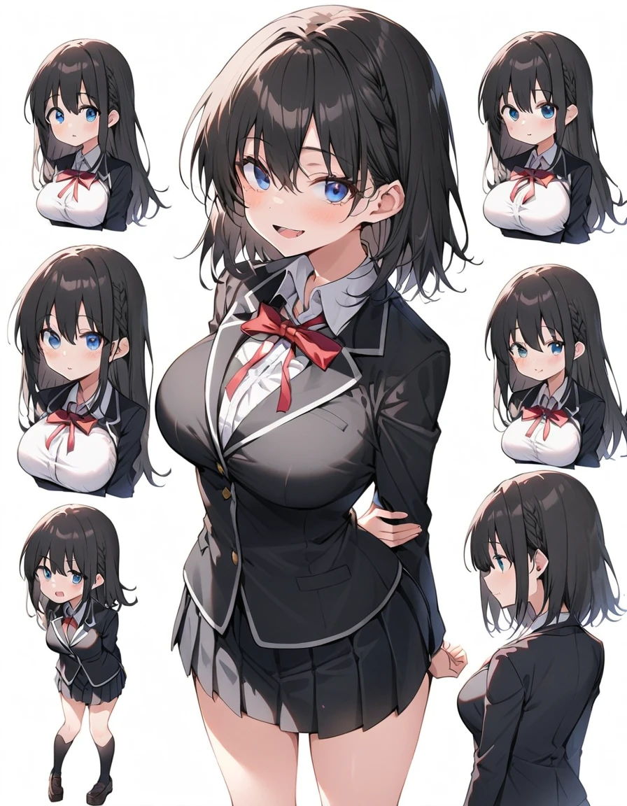 White Background、White background、Blank Background、Just standing girl, One Girl、コミカルなMedaka、Medaka、Ultra-high resolution, Highest quality,Fishbone Braid Hachebone Hair、Black Hair、Full Body Shot,Put your arms behind your back、Put your hands behind your back、Hide your hands、Big Breasts、Beautiful attention to detail、Black Hair × blue eyes、blue eyes、open your mouth without showing your teeth、Laugh with your mouth wide open、 black long sleeve blazer,Black pleated skirt、Knee-high socks、loafers、