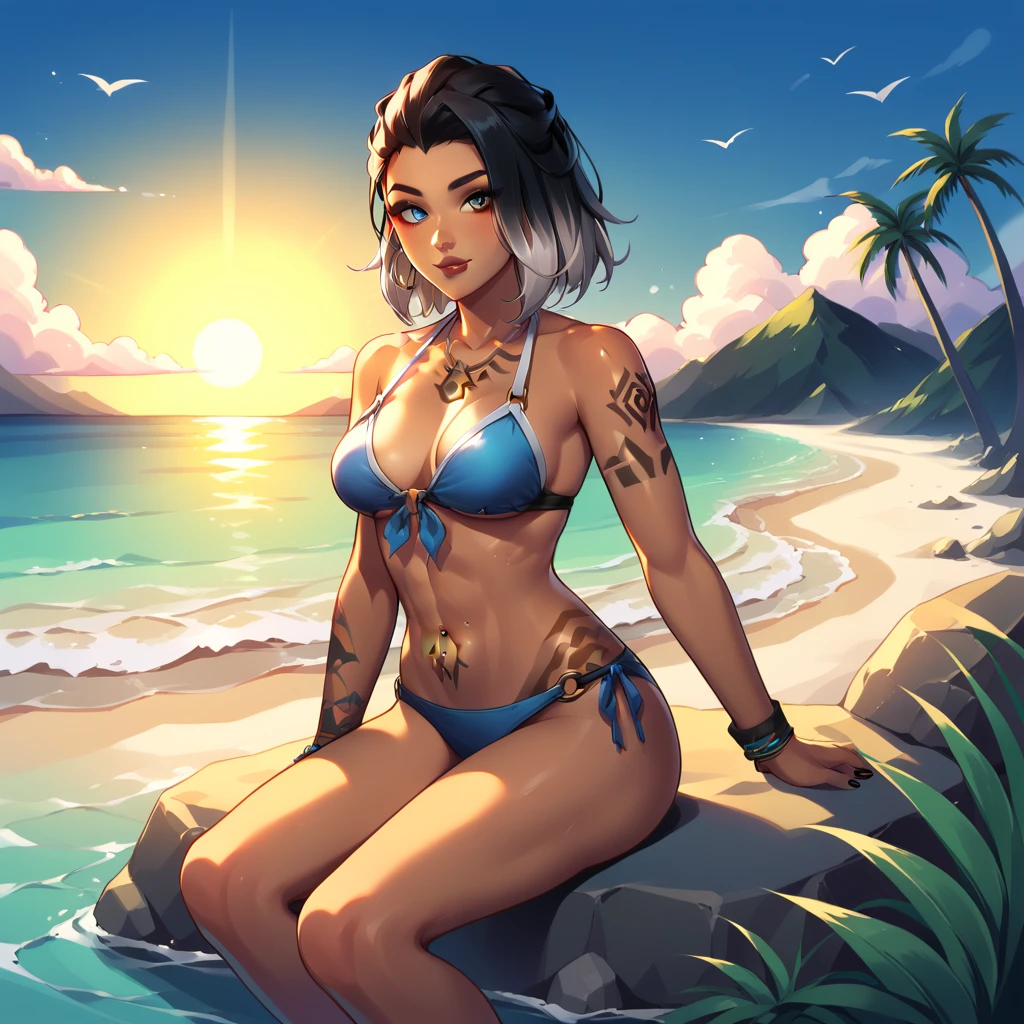 Beautiful picture of fade_valorant sitting on the beach enjoying the view, bikini, sitting on a rock, sunset, shoulders tattoo of a bear paw