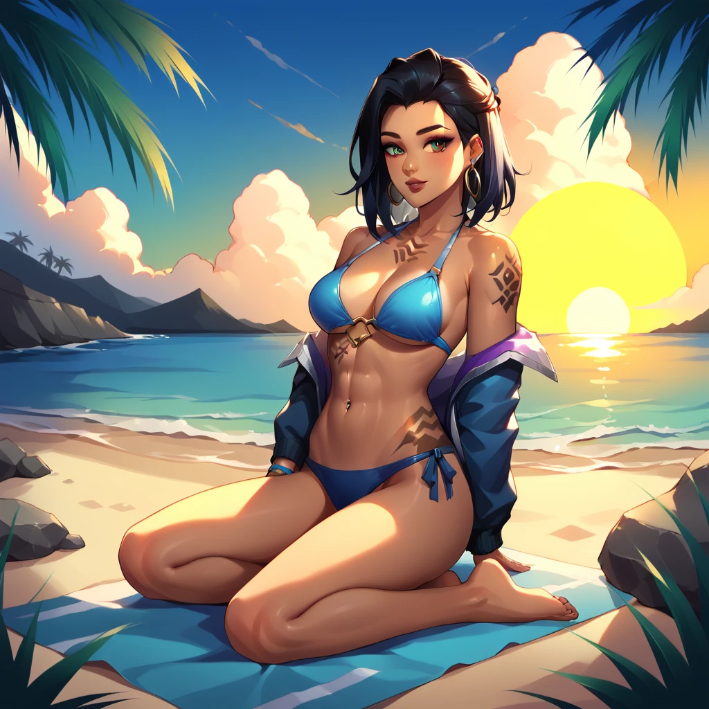 Beautiful picture of fade_valorant sitting on the beach enjoying the view, bikini, sitting on a rock, sunset, shoulders tattoo of a bear paw