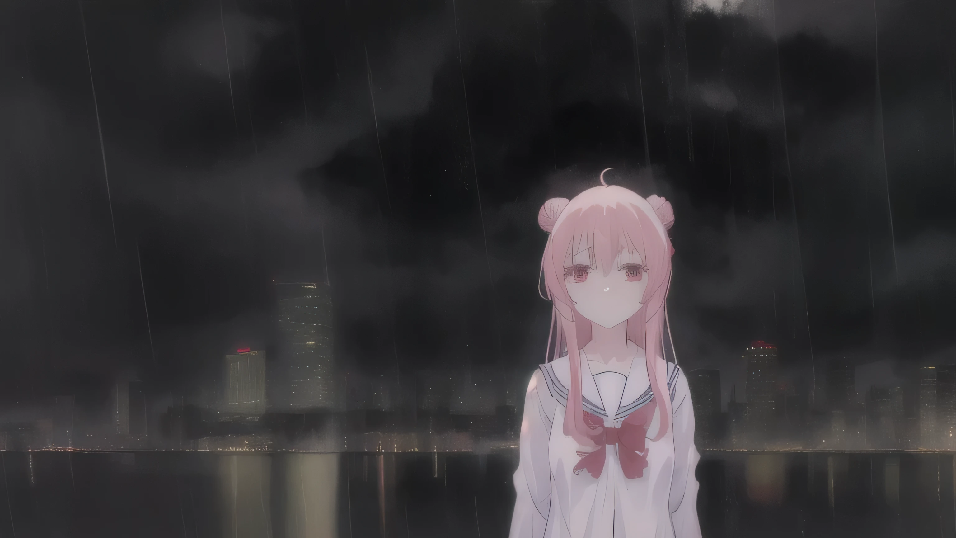 masterpiece, best quality, city background, rainy, 1girl, solo, upper body, bow, serafuku, satou, emotionless, expressionless, anime wallpaper 4k, detailed background, detailed hair
