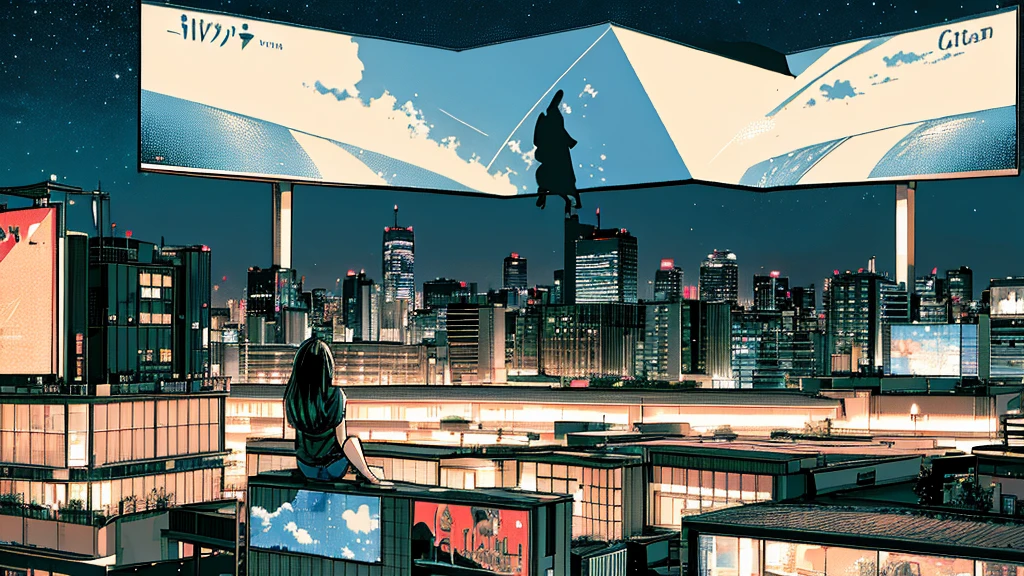 octans, sky, star (sky), scenery, starry sky, night, 1girl, night sky, solo, outdoors, building, cloud, sitting, tree, long hair, city, silhouette, cityscape,City from a distance, tokyo, city billboard, the sky,20 year old sexy girl　横が　From the roof of the building　Many buildings
