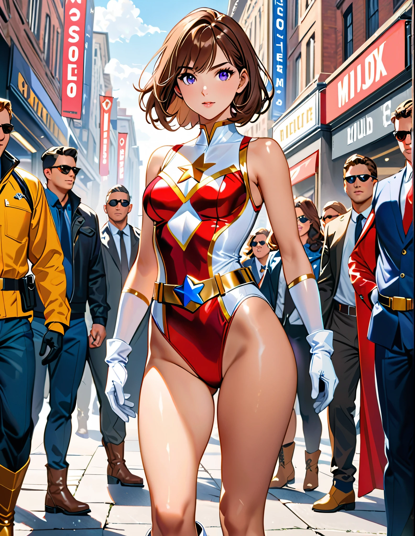 (masterpiece), (best quality), (high res), medium breasts, ((leotard, white and red leotard, matching leotard, sleeveless, bare legs)), ((tight belt, gold belt)), ((boots, matching boots, ankle-high boots, white boots)), ((gloves, white gloves), solo, solo focus, standing, (full body), superhero, ((beautiful detailed eyes)), ((gold star symbol on chest)), (brown hair, medium hair, bob hair, purple eyes), (perfect hands, perfect anatomy), superhero, ((beautiful detailed eyes)), full body costume design. Character Sheet Full-Length.