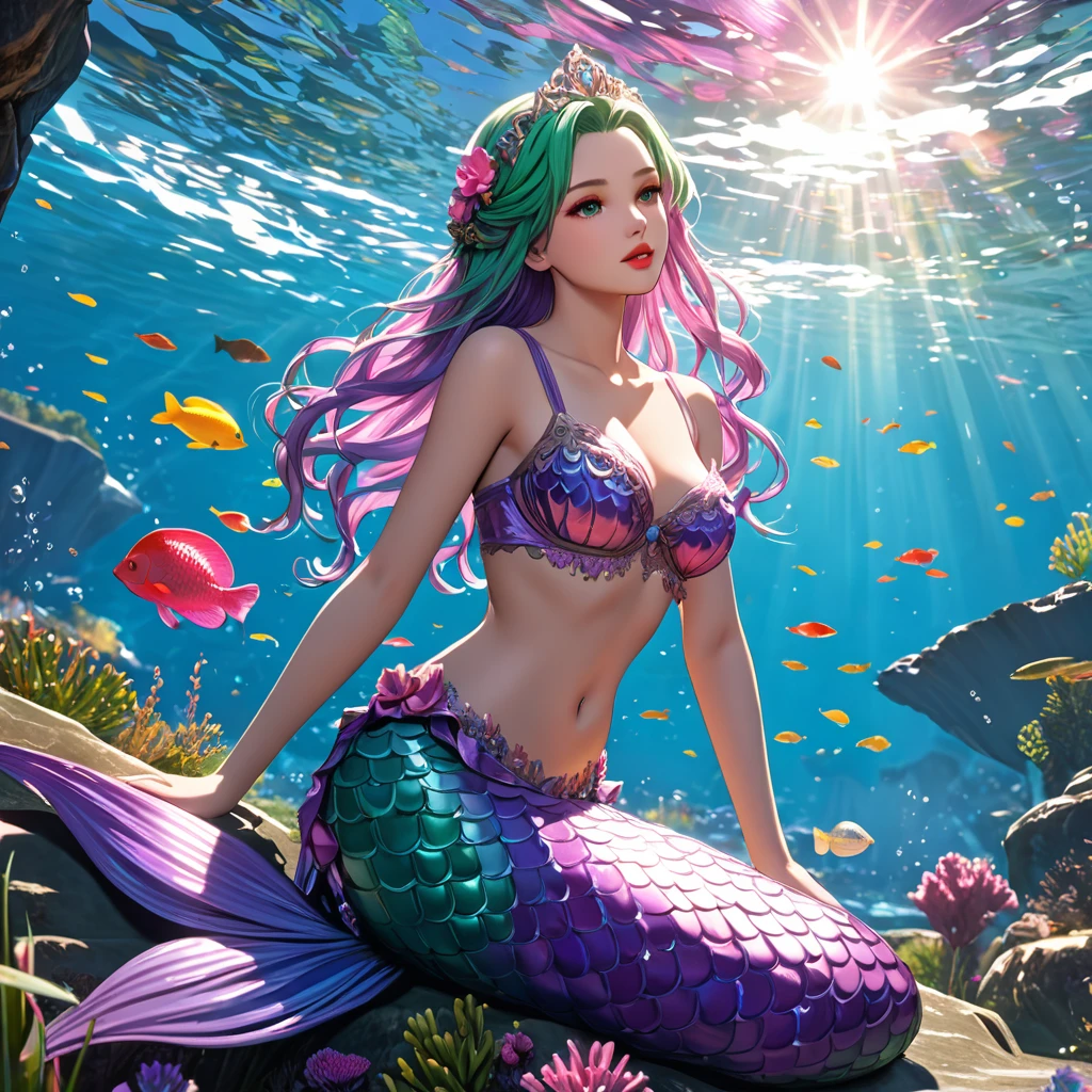 cute 20 year old mermaid with green hair bind in a lose braid in the ocean below the surface talking to a fish in the sunlight, sun is shining, wears a purple glittery mermaid bra, beautiful mermaid, beautiful detailed human face, red lips, alluring eyes, elaborated mermaid pink purple tail, serene, masterpiece, full body shot, highres, high resolution, high quality, intricate details, extremely detailed, incredible details, full colored, complex details, insanely detailed and intricate, extremely detailed with rich colors. masterpiece, best quality, HDR, UHD, unreal engine, High quality, gorgeous, glamorous, 8k, super detail, gorgeous light and shadow, detailed decoration, detailed lines, glittery, fantasy, pretty colors, anime style
