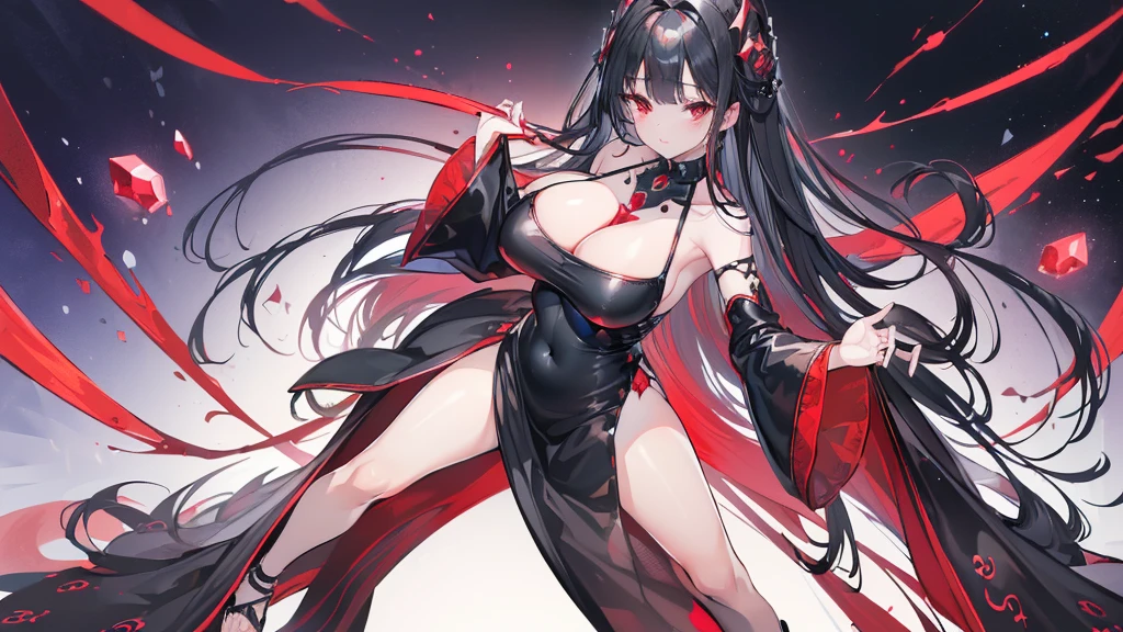 (Exquisite eyes),(Clear and beautiful eyes:1.61),masterpiece, 1 young girl,(Black clothes and some red gems), Black long hair, (She has a huge red gem on her chest), Good Hand,((The Havoc of StarCraft)),full-body shot,Fighting Stance,(Red Eyes:1.466)，short and small,(Very big breasts:1.35),(Pretty Face),(full-body shot:1.33),Beautiful hands