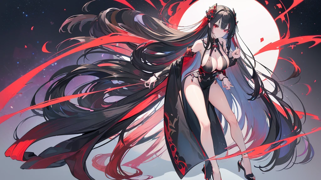 (Exquisite eyes),(Clear and beautiful eyes:1.61),masterpiece, ung girl,(Black clothes and some red gems), Black long hair, (She has a huge red gem on her chest), Good Hand,((The Havoc of StarCraft)),full-body shot,Fighting Stance,(Red Eyes:1.466)，short and small,(Very big 5),(Pretty Face),(full-body shot:1.33),Beautiful hands