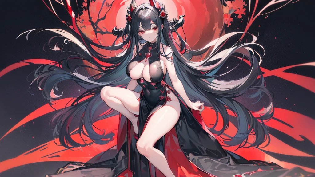 (Exquisite eyes),(Clear and beautiful eyes:1.61),masterpiece, ung girl,(Black clothes and some red gems), Black long hair, (She has a huge red gem on her chest), Good Hand,((The Havoc of StarCraft)),full-body shot,Fighting Stance,(Red Eyes:1.466),short and small,(Very big breasts:1.35),(Pretty Face),(full-body shot:1.33),Beautiful hands