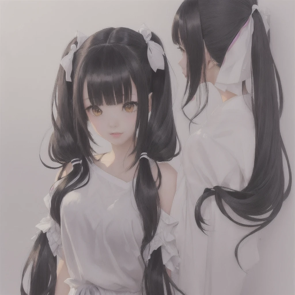 Anime Girls with long black hair and white shirt looking at another girl, Twin tails, (Anime Girls), Anime Moe Art Style, Black Pigtails, cute Anime Girls, Anime Girls with long hair, beautiful Anime Girls, pretty Anime Girls, Twin tails hairstyle, Gwaiz, an Anime Girls, Kurohime cut hair, Anime Girls, young Anime Girls