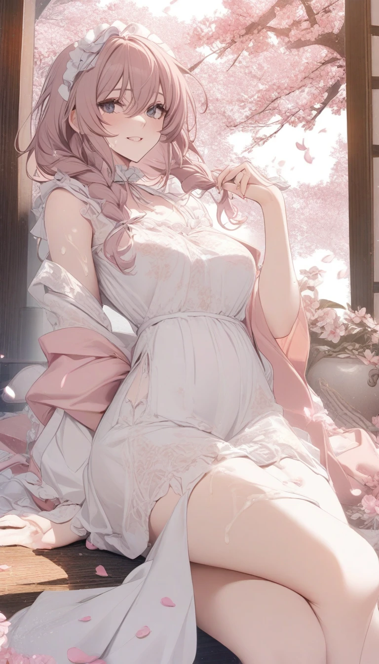 masterpiece, best quality, very aesthetic, absurdres, 1girl, mature_lady,white_dress,(cum_on_body:1.2),,izayoi sakuya, touhou,,in a traditional chinese room,surrounding by flowers,falling_petals, petals,,