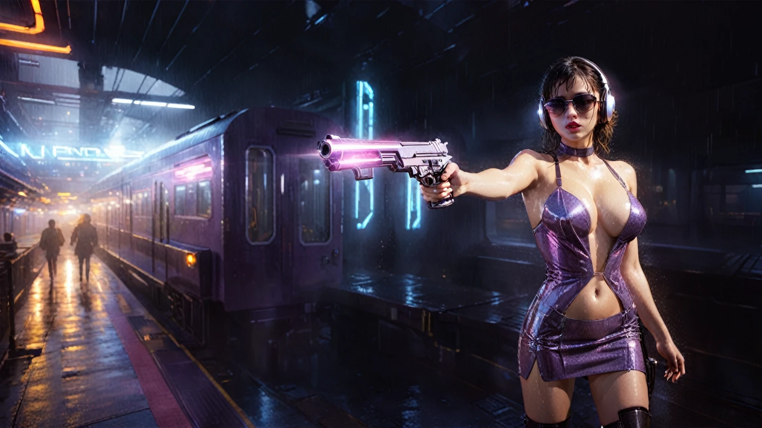 (((aerial view))), Blade Runner style futuristic railway platform, hi-tech train, neon lights, rainy night. (1girl, solo, alone), large-breast:1.2 slim body, cleavage:1.1, sexy wind blowing wet dress:1.4, headphone, (black sunglasses), (((she raised a pistol:1.8 and shot:1.8 the viewer))), dynamic pose, (((half-body thigh level medium shot))), cinematic lighting, lens flare, ray tracing, blurred:1.4 background.