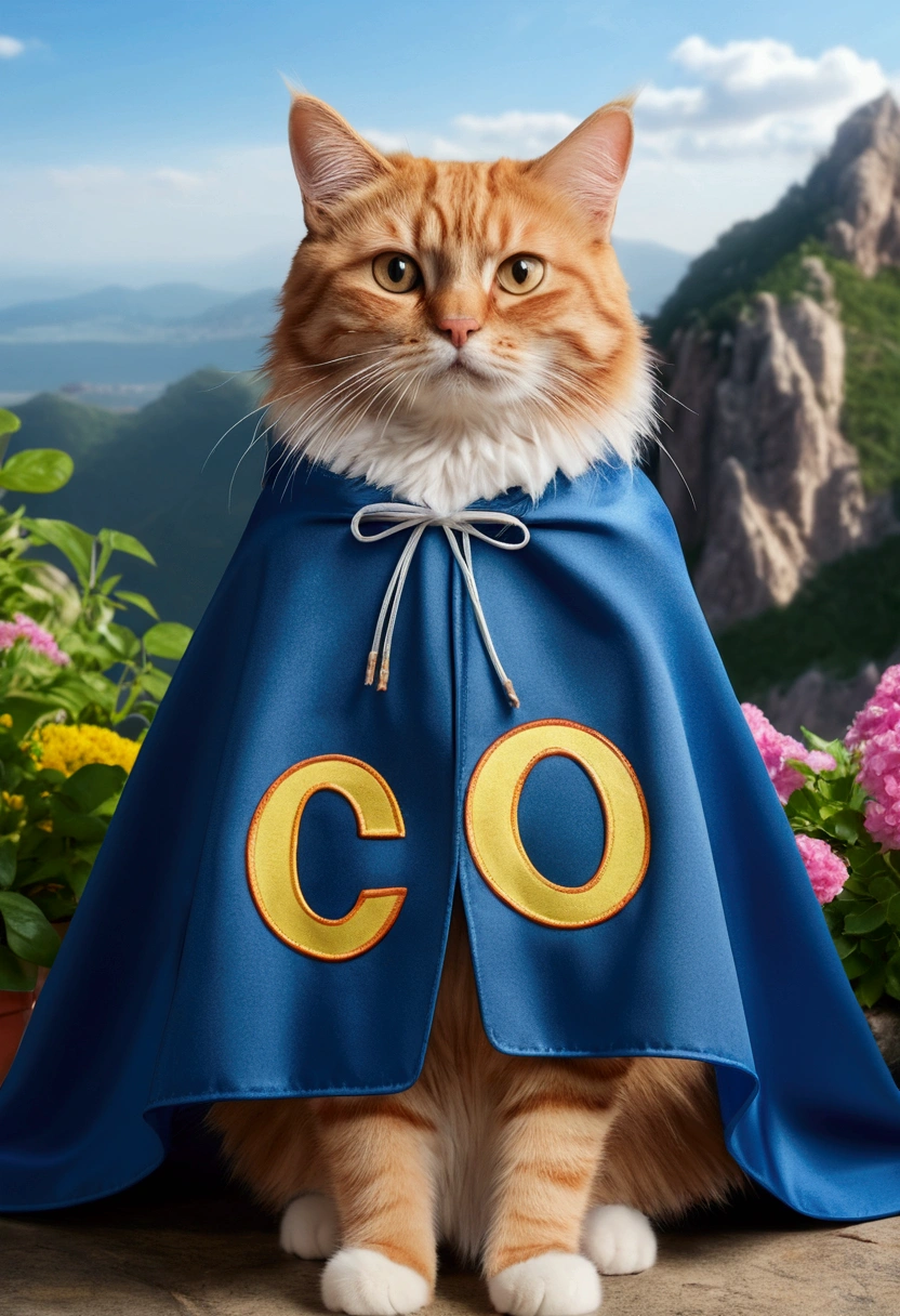 (best quality,4K,8k,A high resolution,master part:1.2),ultra detail,(Realistic,photorrealistic,photo-realistic:1.37),a cat wearing cape, written "Ocksyi" on the cape, (written "Ocksyi" on the cape). mountain garden background