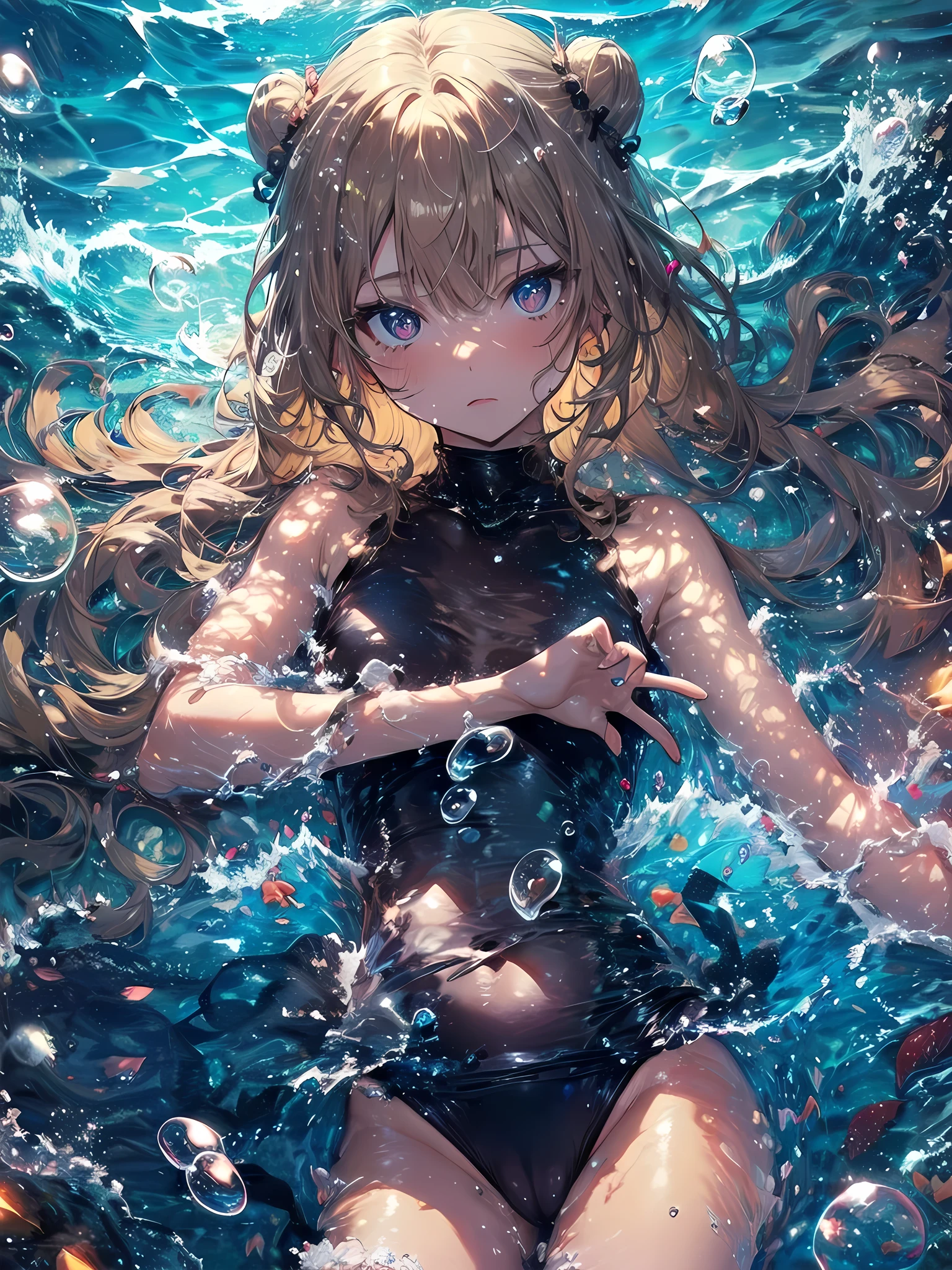 (NSFW:1.1), masterpiece, Highest quality, Ultra-high resolution, Highest Resolution, Very detailed, cowboy shot, very cute, Complete limbs, Shining Eyes, Full Finger, Slender beauty, Blonde Bun Hair, Embarrassed look, Writhing expression, school swimsuit, Glowing Skin, pool, Bubble, Wind