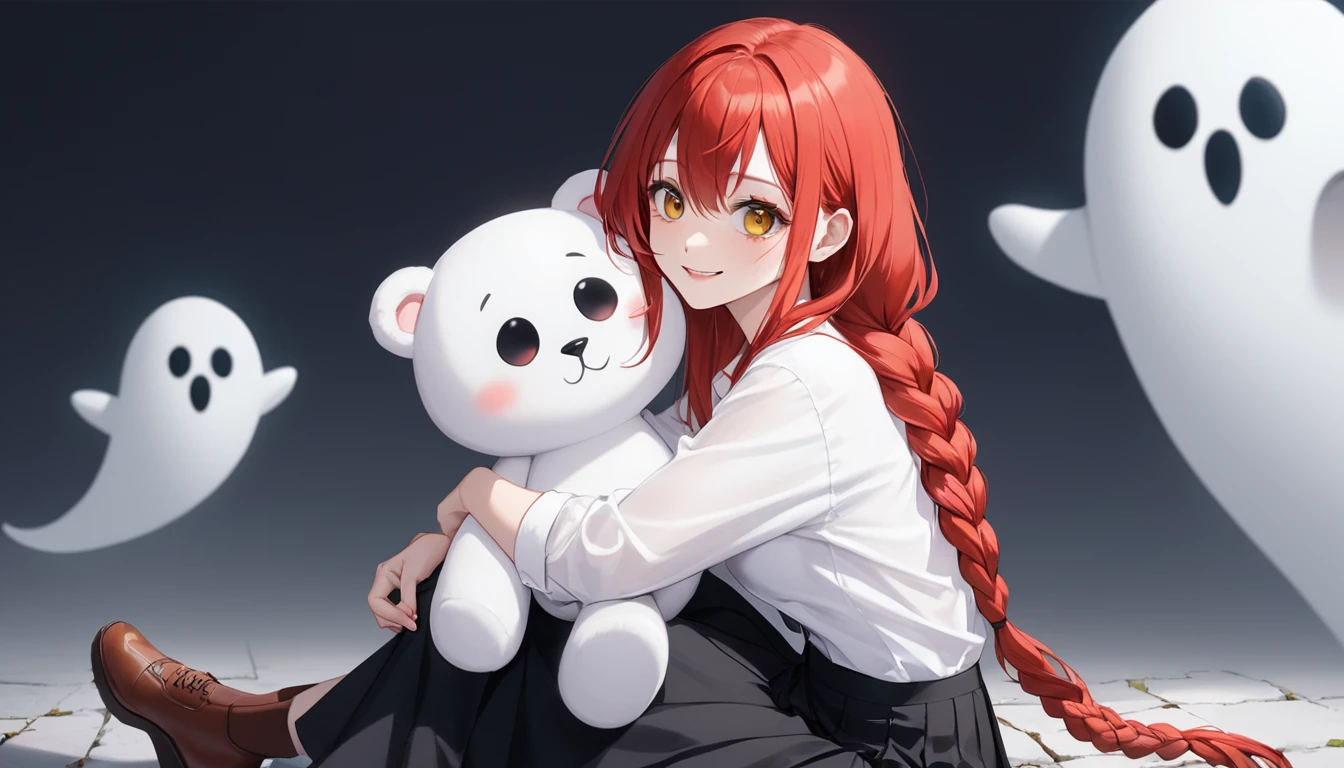 hand, hand, long hair, รอยsmile, smooth, Middle Page, (yellow eyes:1.2), long hair, red hair, braided ponytail, big eyes,นั่วHug a teddy bear,sexy,full body,Sitting position,Hug a teddy bear,smile,flirt,grave background,ghost,วิญญาณ Take a break shirt, long sleeve, white shirt, dress shirt, skirt, black skirt, It's official., suit, black nightie, lady, Take a break (Masterpiece:1.2), best quality, high resolution, Harmony wallpaper 8K, (illustration:0.8), (Beautifully detailed eyes:1.6), Very detailed face, perfect lighting, The CG is very detailed., (handที่สมบูรณ์แบบ, perfect anatomy),high angle