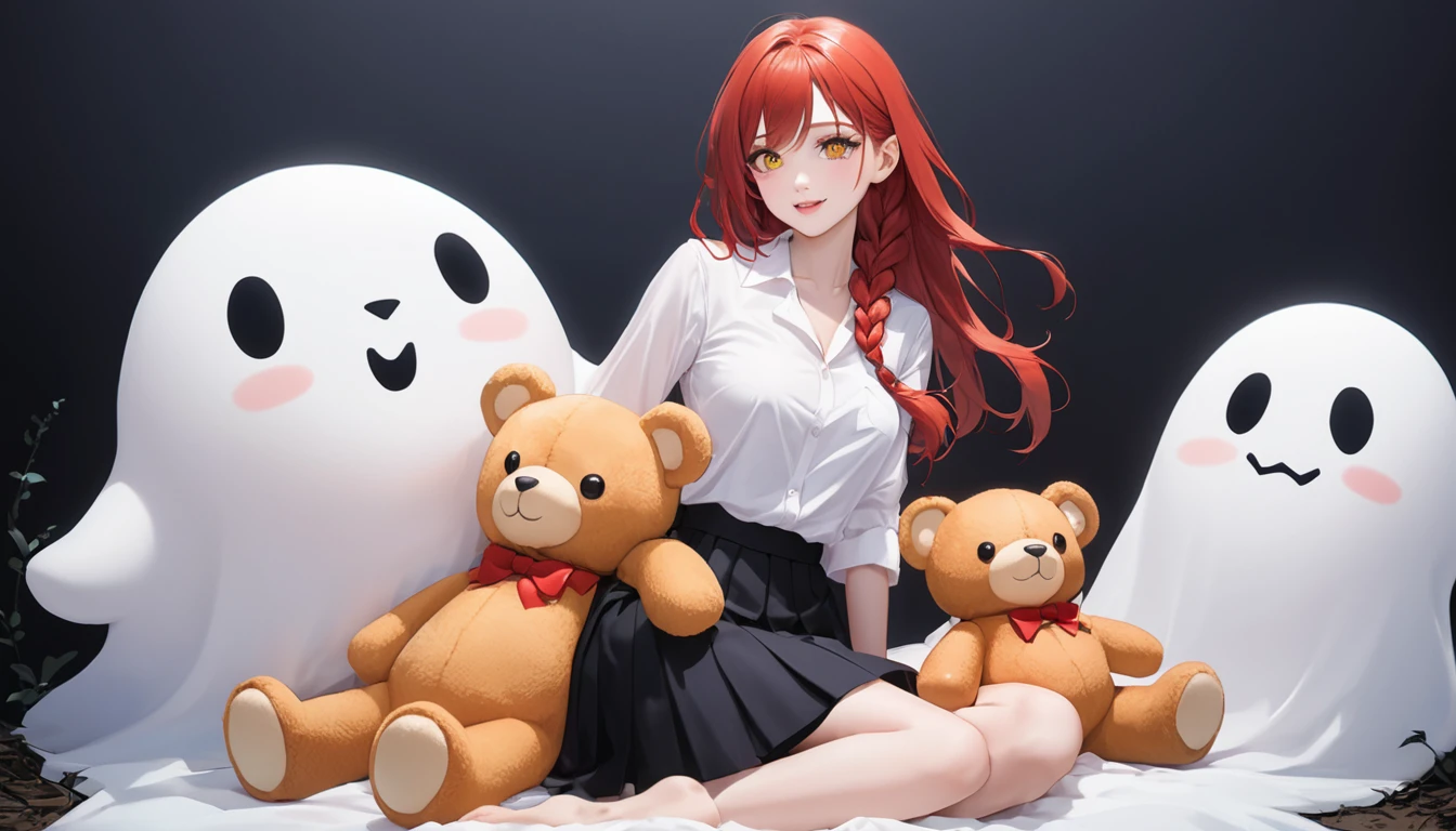 hand, hand, long hair, รอยsmile, smooth, Middle Page, (yellow eyes:1.2), long hair, red hair, braided ponytail, big eyes,นั่วHug a teddy bear,sexy,full body,Sitting position,Hug a teddy bear,smile,flirt,grave background,ghost,วิญญาณ Take a break shirt, long sleeve, white shirt, dress shirt, skirt, black skirt, It&#39;s official., suit, black nightie, lady, Take a break (Masterpiece:1.2), best quality, high resolution, Harmony wallpaper 8K, (illustration:0.8), (Beautifully detailed eyes:1.6), Very detailed face, perfect lighting, The CG is very detailed., (handที่สมบูรณ์แบบ, perfect anatomy),high angle